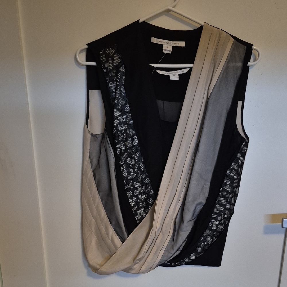 Black and Cream Asymmetrical Wrap Blouse